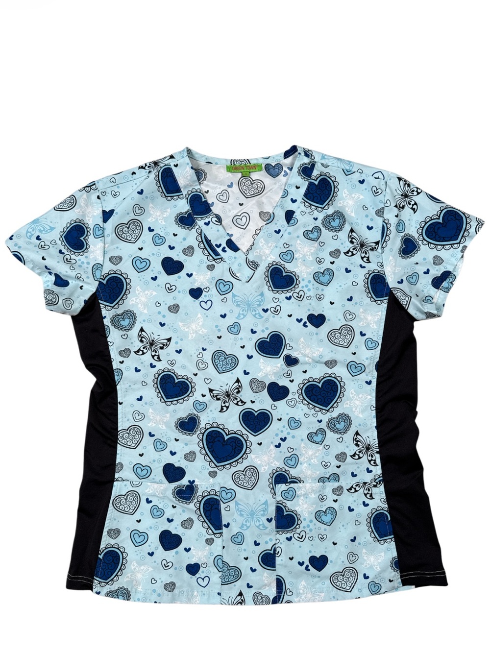 Green Town Blue Hearts Print Scrub Top Women’s Size Small